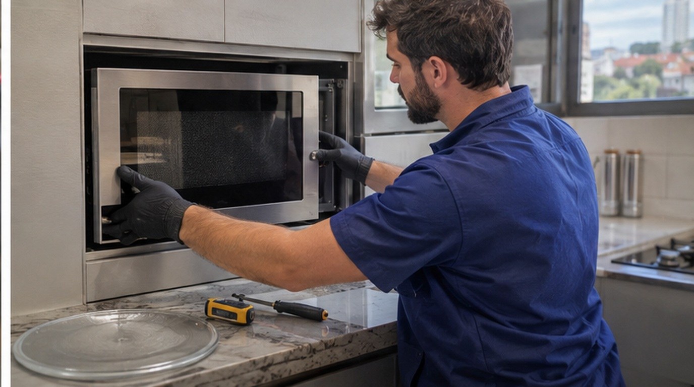 Conserto de micro-ondas de embutir em Passo Fundo‑RS: técnico encaixando o aparelho no armário