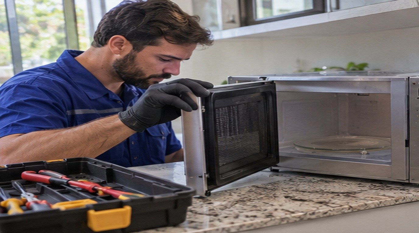 Conserto de micro-ondas em Passo Fundo‑RS: técnico abrindo um micro-ondas de bancada