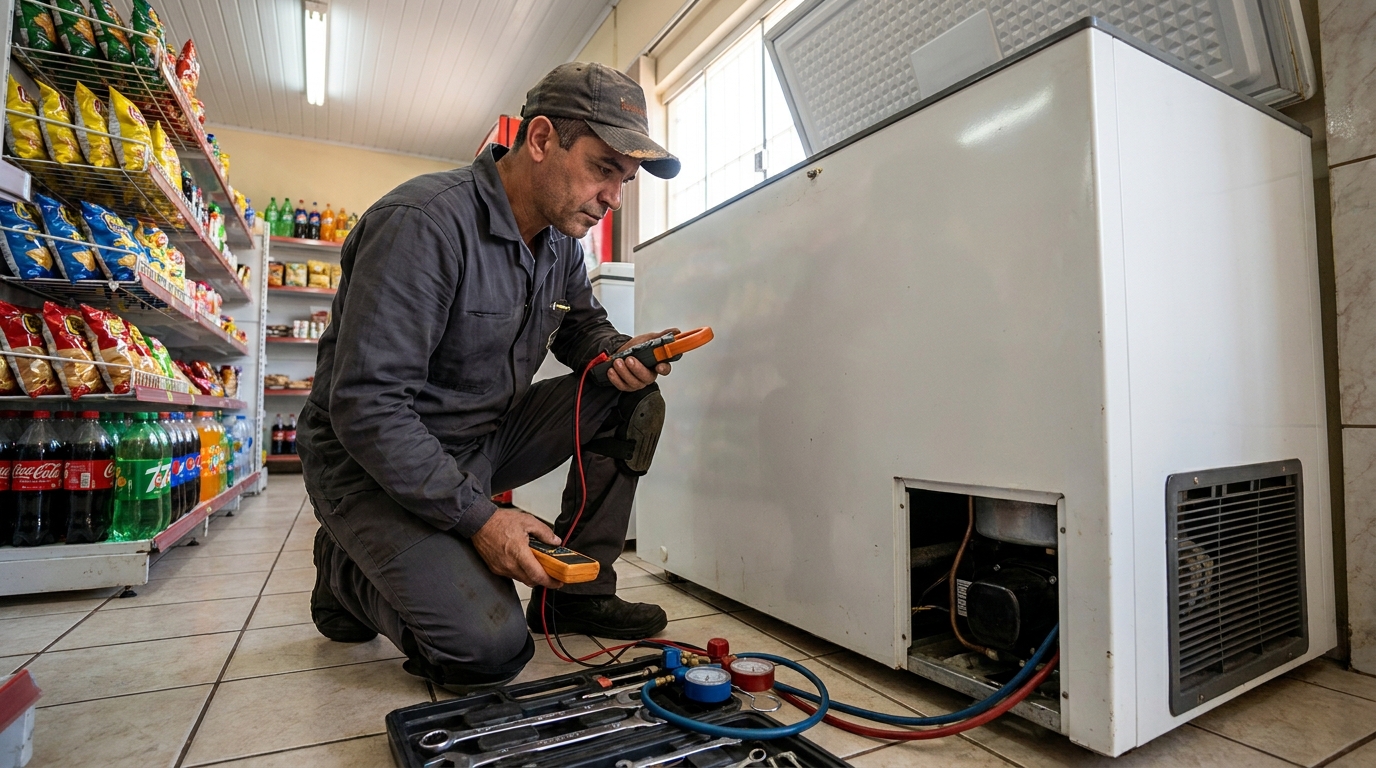 Reparo da placa eletrônica de um freezer em atendimento na Planaltina, Passo Fundo‑RS
