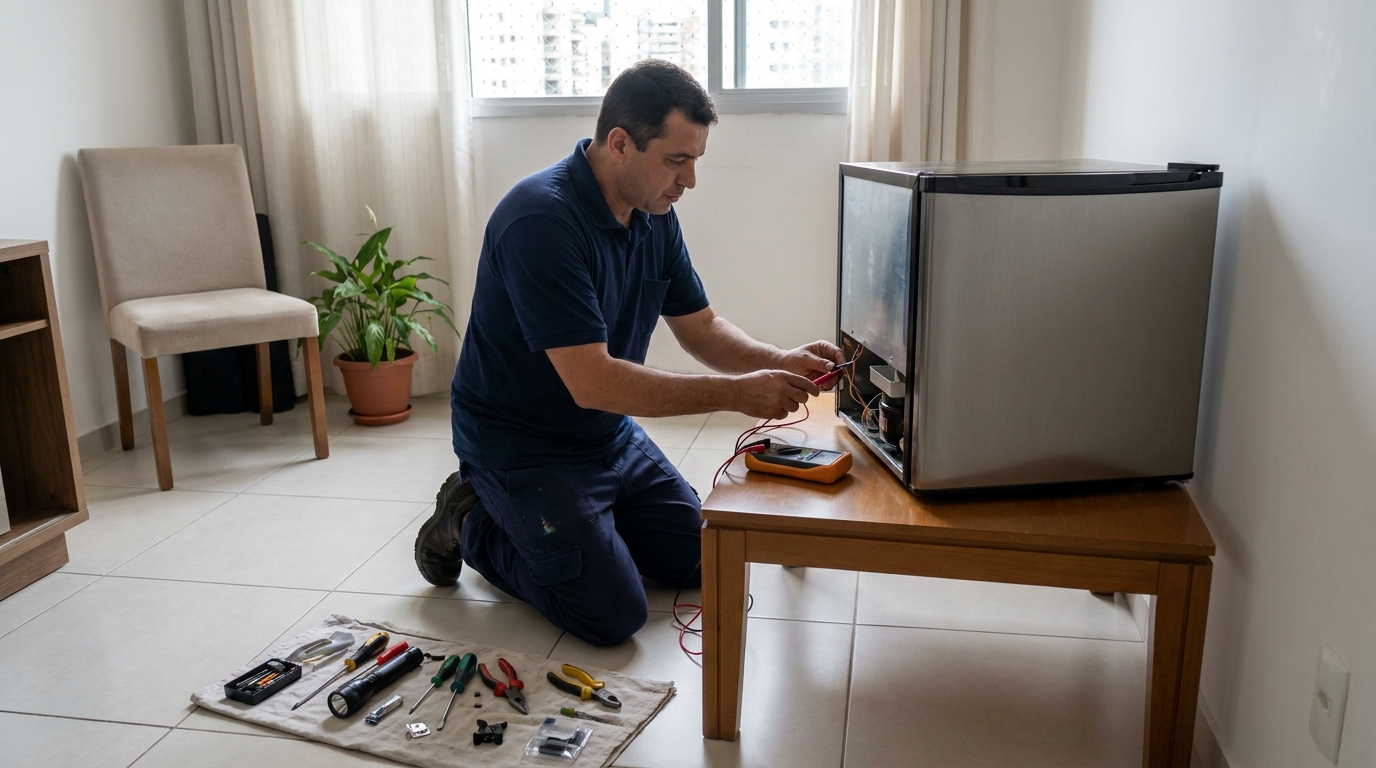 Técnico revisando o motor de um frigobar na Annes, Passo Fundo‑RS