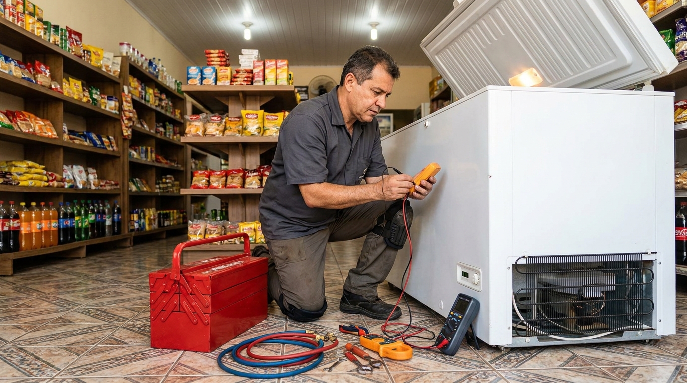 Manômetro conectado ao circuito durante recarga de gás de freezer na Planaltina, Passo Fundo‑RS