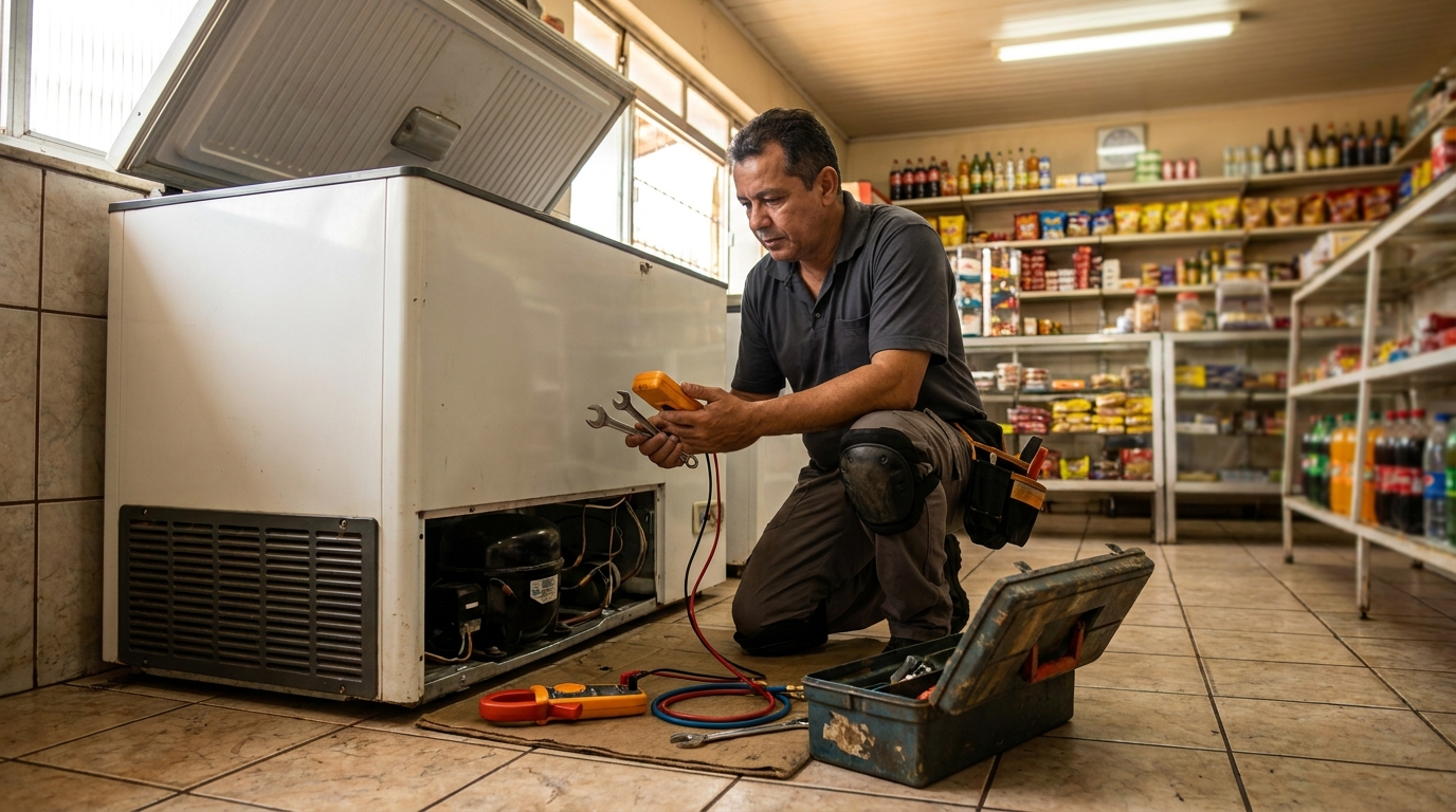 Técnico avaliando um freezer vertical durante atendimento na Planaltina, Passo Fundo‑RS